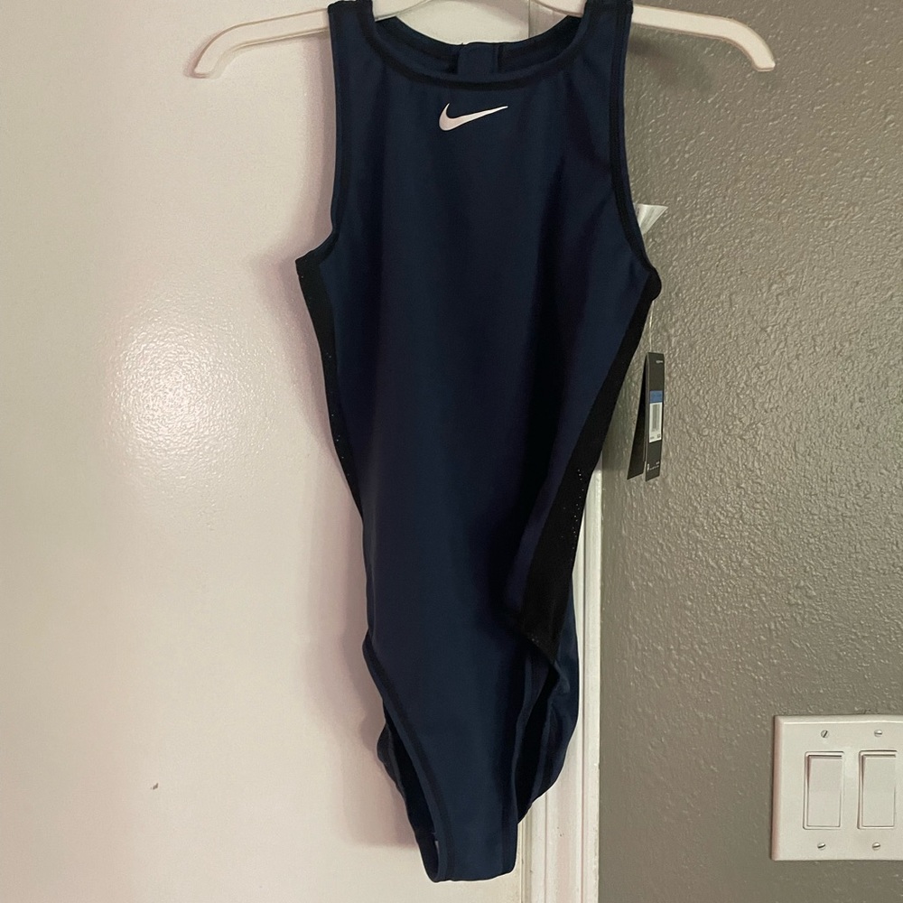 Navy Blue and Black Nike Women’s Water polo swimsuit with mesh inserts